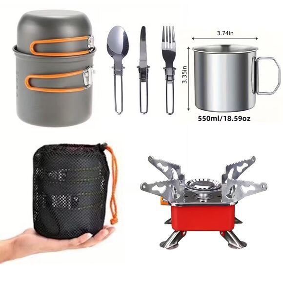 Camping Cooking Set - Gas Stove, 2 Pots, Big 18.6 oz Mug, Foldable Silverware US - Picture 1 of 12